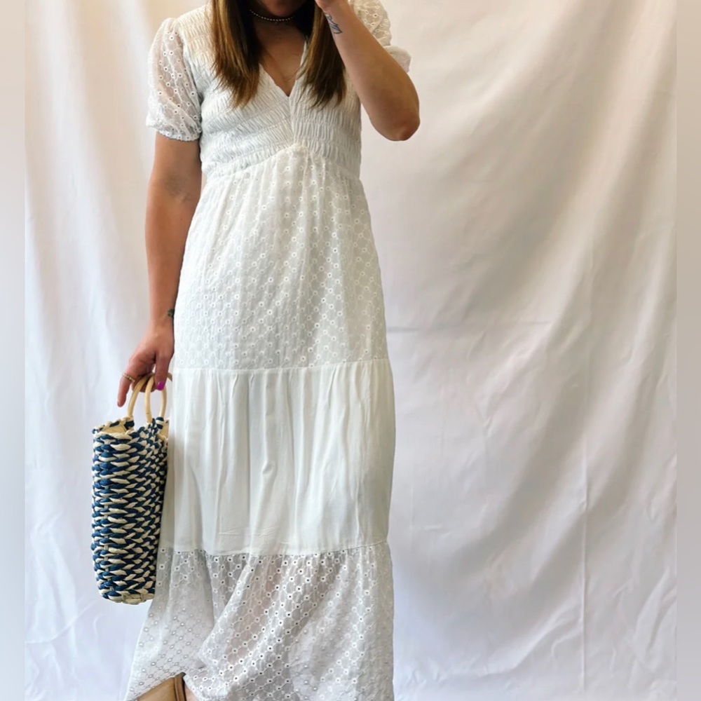 Worn once. Eyelet Smocked Maxi